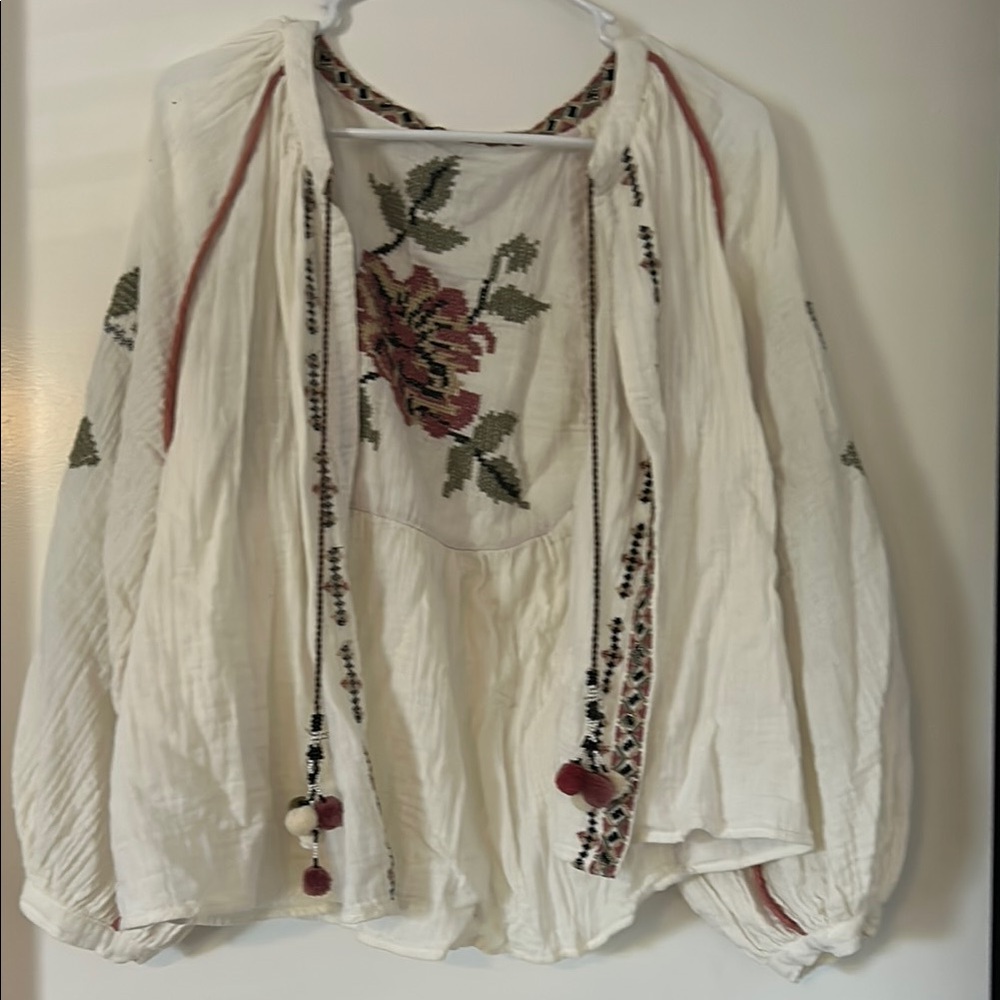 Zara Cream Embroidered Bishop Sleeve Blouse